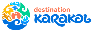 Destination Karakol Logo: it consists of several elements representing Karakol's unique qualities, such as a yurt in the center, fir-tree, Issyk-Kul Lake, Karakol River, horse