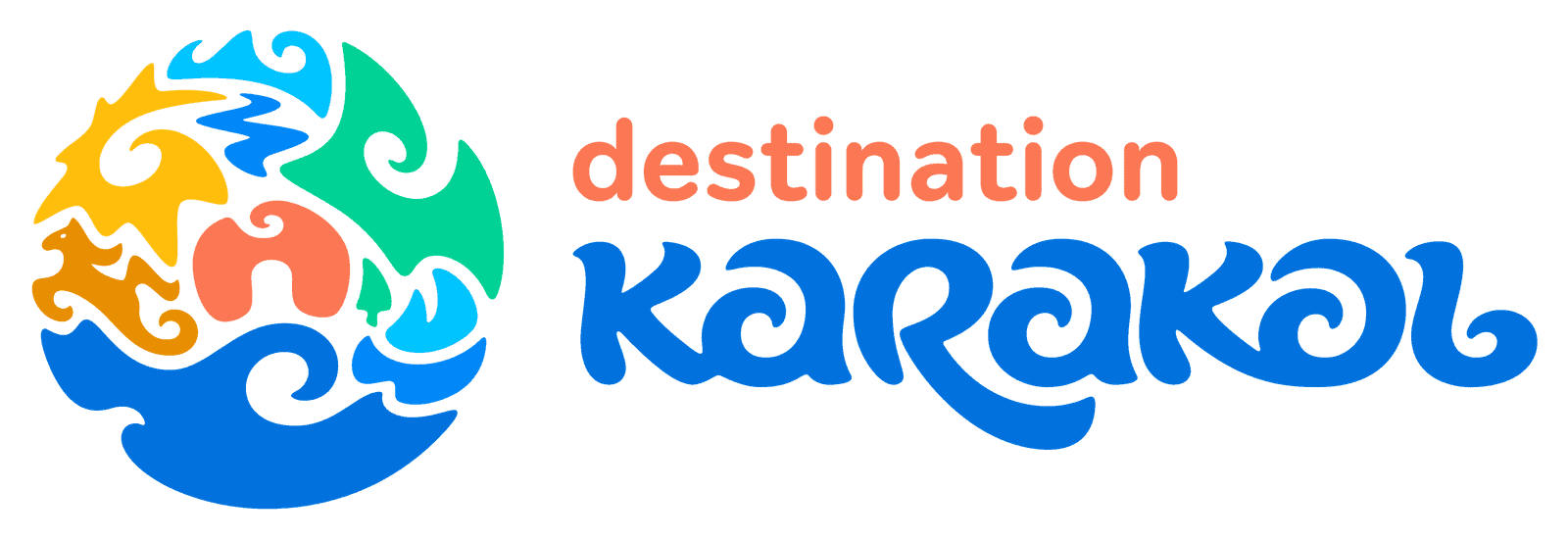 Destination Karakol Logo: it consists of several elements representing Karakol's unique qualities, such as a yurt in the center, fir-tree, forests, Issyk-Kul Lake, Karakol River, a horse, a goat