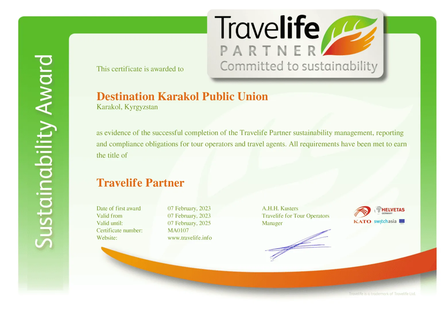 Destination Karakol Public Union_07-02-2023_company_certificate Travelife Partner Certificate for Destination Karakol